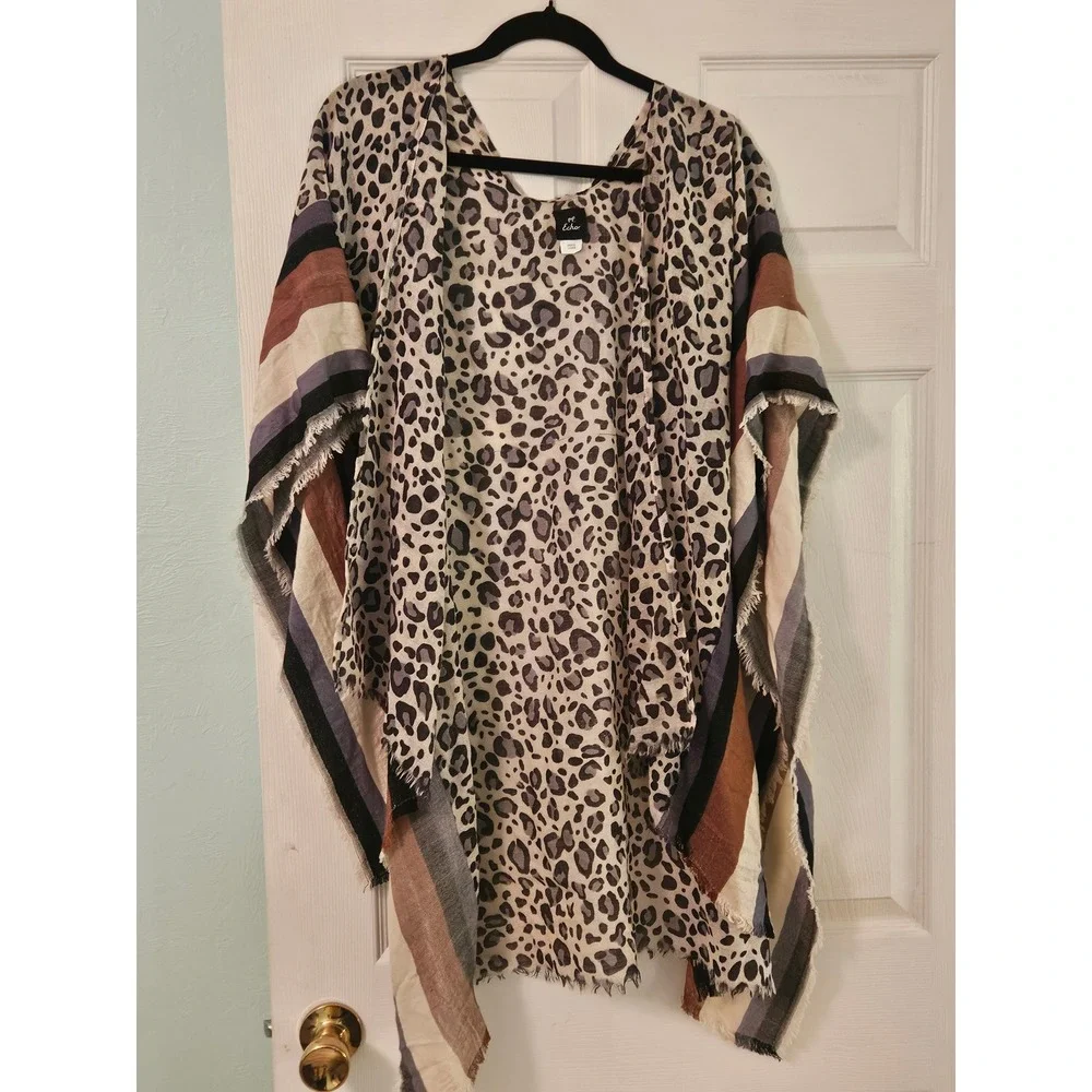 Echo Leopard Print Striped Poncho Shawl Viscose Wool Blend Wrap One Size